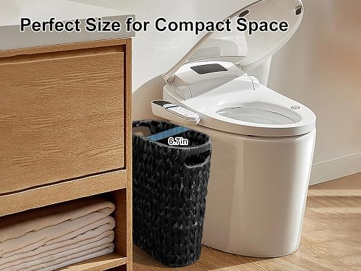 Coeusy 5 Gallon Wicker Trash Can,Black Bathroom Trash Can,Wicker Trash Basket with Handles,Handwoven Small Waste Basket for Bathroom,Bedroom,Kitchen,Office,20 Liters - Image 2