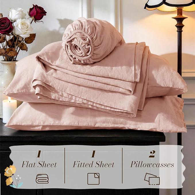 SONORO KATE 100% French Pure Linen Sheets, Breathable and Durable Linen King Size Sheets, Anti-Tear Linen Bed Sheets, Machine Washable, 16 Inch Deep Pocket - 4 Piece (Pink, King)
