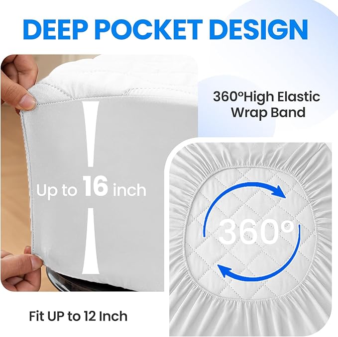 Waterproof Mattress Protector,Full Mattress Protector Fitted Up to 16" Deep Pocket, Soft Breathable Bed Mattress Cover for Bedroom,Doom Room Machine Washable,(White)