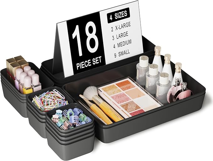 Plastic Drawer Organizers, 18 PCS Drawer Organizer Bins, Bathroom and Vanity Organizer Plastic Tray, Makeup organizer and storage for Makeup, Bedroom, Kitchen Gadgets Utensils and Office (Black) by Homhut