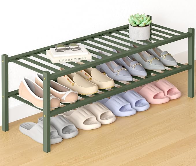 Smiry Bamboo Shoe Rack for Closet, 2 Tier Long Wooden Stackable Shoe Organizer, Free Standing Shoes Storage Shelf for Entryway, Front Door Entrance, Green by Smiry
