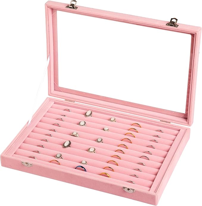 Frebeauty Rings/Earrings Organizer Tray with Clear Lid 10 Slots Velvet Drawer Insert Jewelry Storage box Transparent Glass lid Jewelry Display Case Showcase Gift for Girls Women (Pink, 10 Slots) by Frebeauty