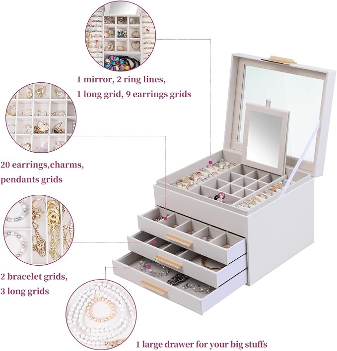 BOOVO Clear Lid Jewelry Box,4 Layers Jewelry Organizer Large Jewelry Storage Box with 3 Drawers,Jewelry Holder Organzier of Rings Earrings Necklace Bracelets for Women (White, 4 Layer) - Image 5