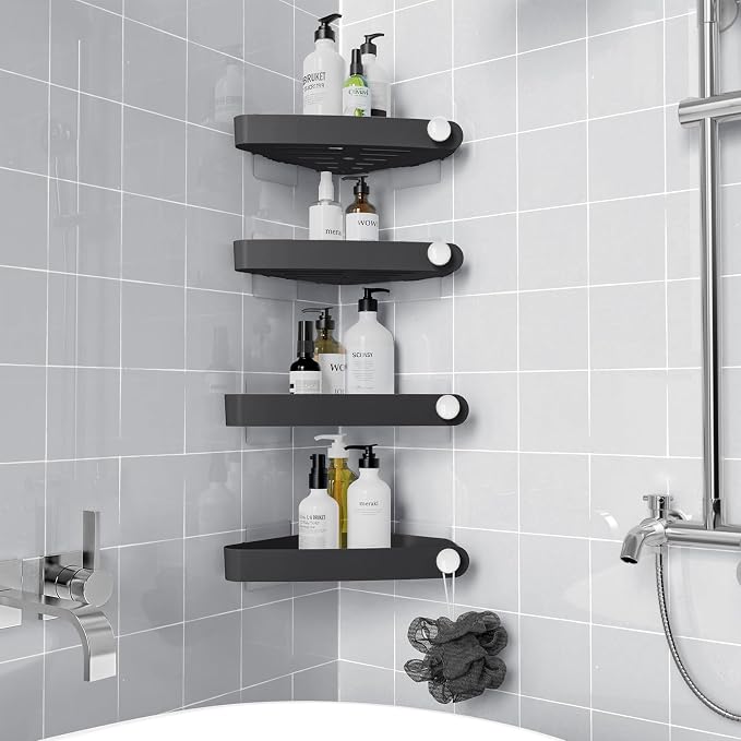 Sotfamily Plastic Shower Caddy Corner (for 90° Only), 4 Pack Adhesive Corner Shower Shelves for Smooth Wall Bathroom Organizers and Storage, Black by Sotfamily