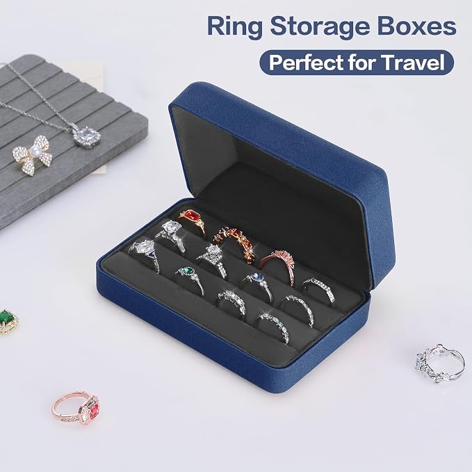 KUKUVR Velet Ring Storage Box - Multiple Rings, Travel Jewelry Case, 3 Slot Portable Ring Display Organizer (Blue) - Image 2
