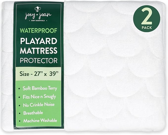 Joey + Joan Waterproof Pack and Play Mattress Pad Protector Cover – Compatible with Graco Pack n Play – 2 Pack Quilted Playard Sheets of Viscose Made from Bamboo – 27" x 39"
