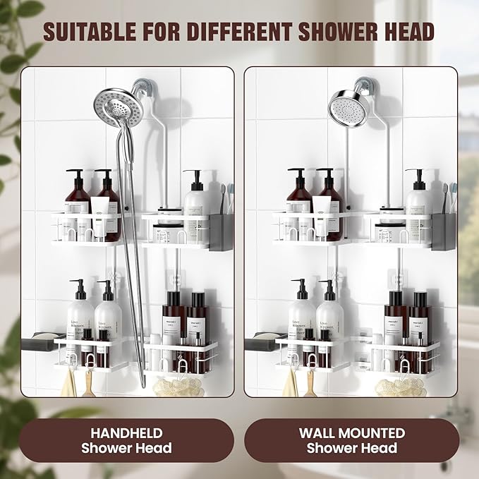 REINHARDT Adjustable Shower Caddy Hanging Rustproof Shower Caddy for Handheld Showerheads, Shower Organizer with Hooks Soap Holder Toothbrush Holder, Anti-Swing Shower Rack Bathroom Accessories, White - Image 4