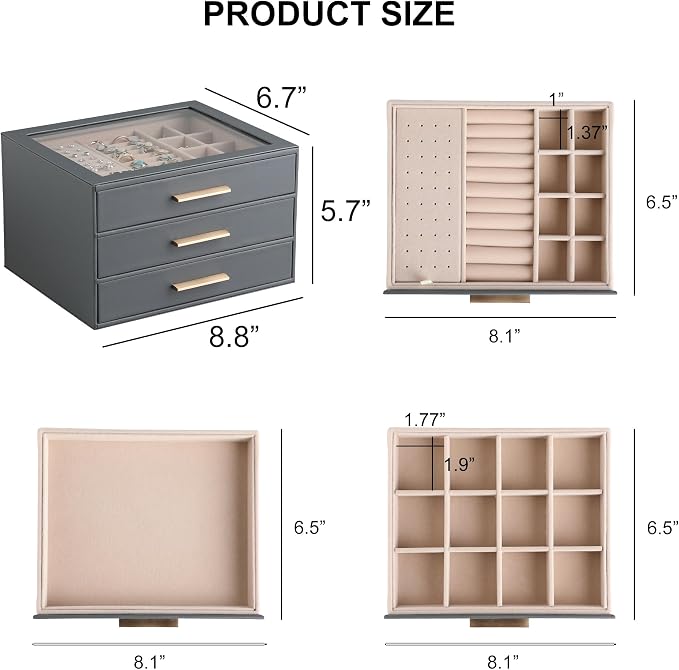 Frebeauty Clear Lid Jewelry Box,3-Layer Jewelry Organizer with Drawer,PU Leather Jewelry Organizers and Storage,Jewelry Boxes for Women,Jewelry Storage for Rings Earring Stud,Gift for Women(Grey) - Image 3