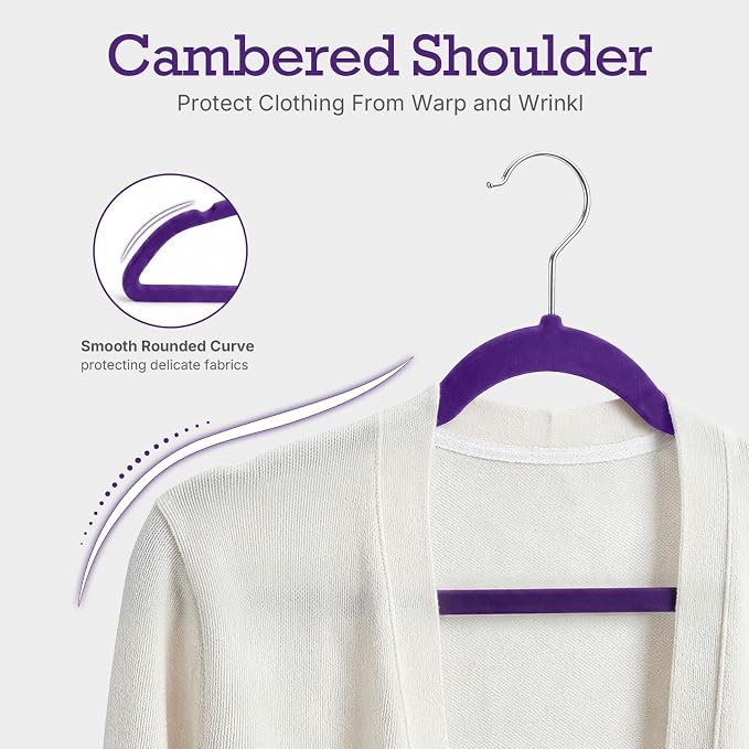 HOUSE DAY Noble-Purple Velvet Hangers 60 Pack, Non Slip Clothes Felt Hanger Heavy Duty for Coat, Premium Slim Space Saving Suit Hangers for Closet Organizer, 360° Rotating Silver Hook - Image 4