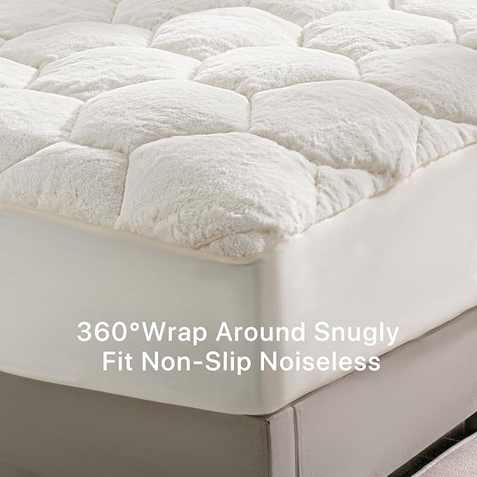 Faux Fur Fitted Mattress Pad Quilted Bottom Sheet, Fluffy Mattress Protector Cover, Luxury Soft Fitted Sheet Mattress Topper with 8-21" Deep Pocket Queen