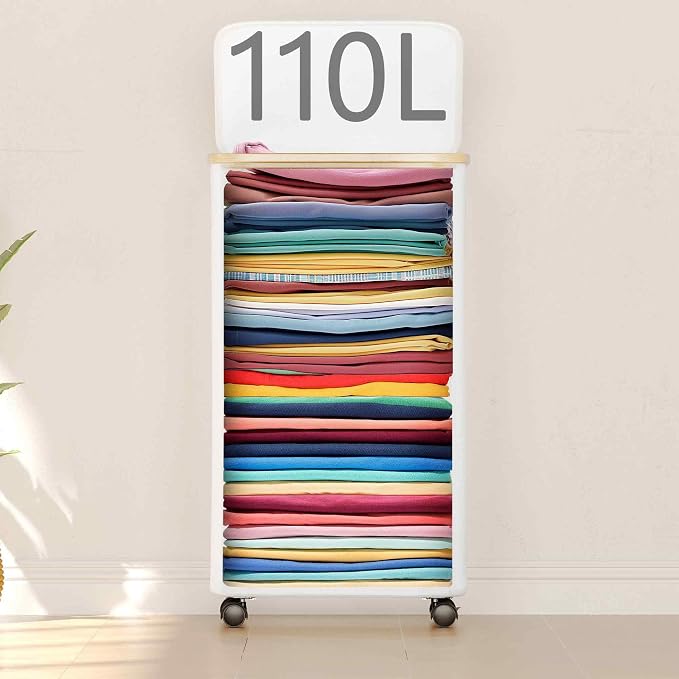 SUOCO Laundry Hamper on Wheels 100L, Clothes Basket with Lid and Bamboo Handles, Foldable Laundry Hamper for Bedroom, Bathroom, Dorm, Laundry Room - White - Image 4