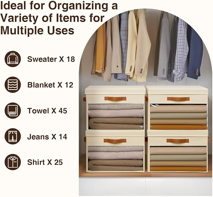 Homsorout Large Storage Bins with Lids - 4 Pack Foldable Decorative Organizers with Clear Windows & Handles, Cube Storage Organizers for Clothes, Blankets, Sweaters, Sheets, Beige - Image 4