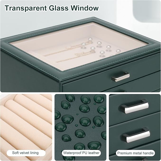 DesignSter Jewelry Box Organizer, Jewelry Box for Women, PU Jewelry Organizer Display Case with Side Drawers, Jewelry Storage for Earring Necklace Ring Bracelet Watch - Image 4