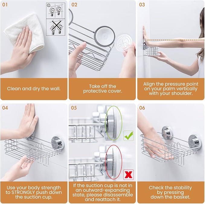 LEVERLOC Shower Caddy Suction Cup, 2 Pack Heavy Duty Bathroom Organizer for Inside Shower with Hooks & Soap holder, Removable and Rustproof Silver bathroom Holder Storage - Image 8