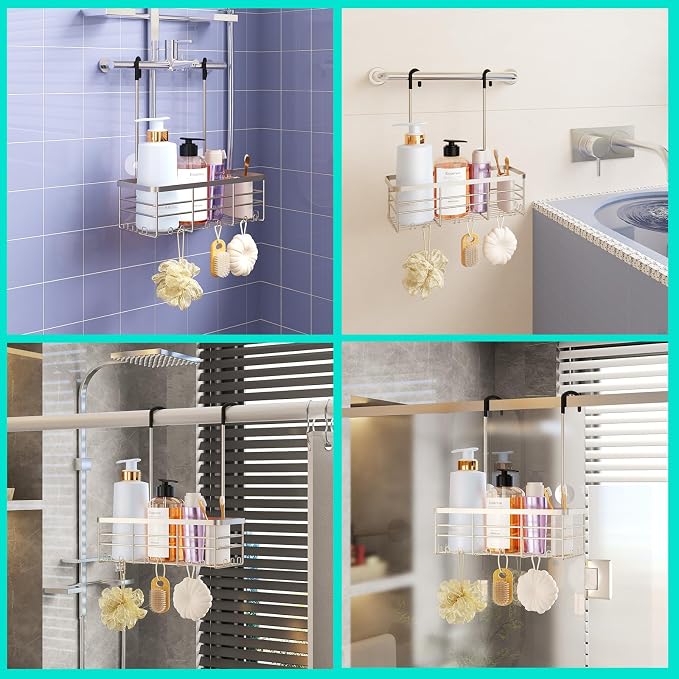 HapiRm Hanging Shower Caddy Organizer - No Drilling Shower Organizer with Hooks, Rustproof & Waterproof 304 Stainless Steel Bathroom Shelves - Brushed Nickel (1 Basket) - Image 3