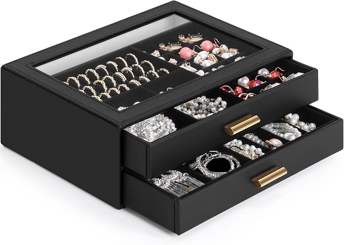 AKOZLIN Jewelry Box with Clear Lid Functional Leather Jewelry Storage Organizer Case 2 Drawers for Women Girls Necklace Ring Bracelet Earring - Image 2