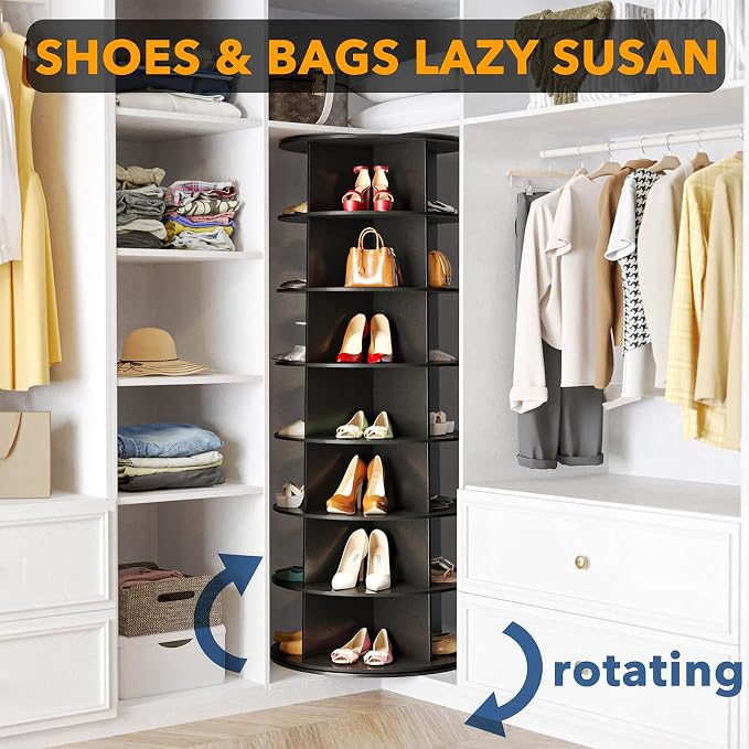 SpaceAid 7 Tier Rotating Shoe Rack Tower, Spinning Shoe Display Lazy Susan, Revolving 360 Shoe Rack Storage Round Carousel, Vertical Handbag Rotate Shoes Closet Organization (7-Tier Black) - Image 4