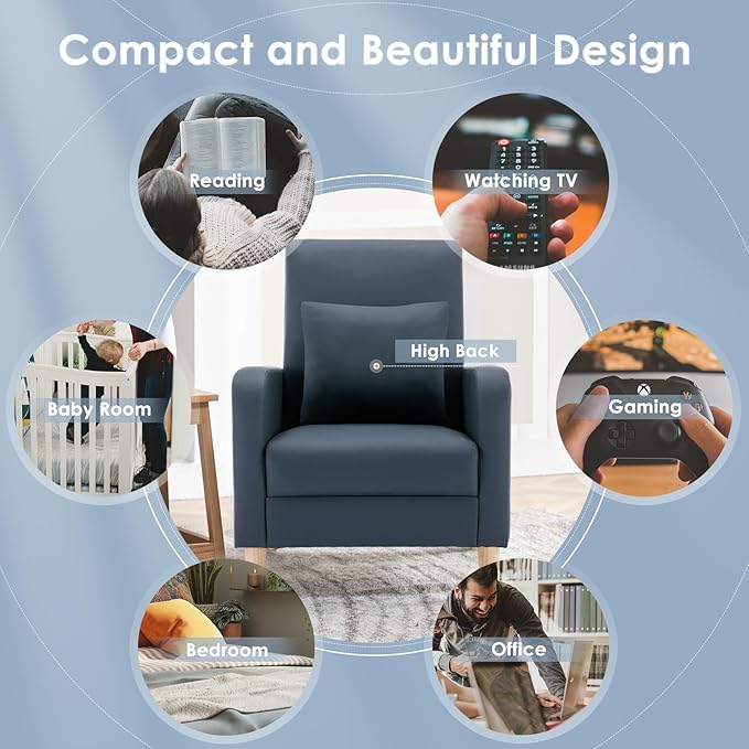COLAMY Modern Upholstered Accent Chair Armchair with Pillow, PU Leather Reading Living Room Side Chair,Single Sofa with Lounge Seat and Wood Legs, L-Blue