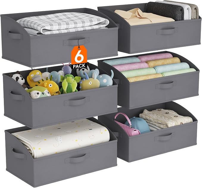Lifewit Trapezoid Closet Storage Bins for Shelf, 6 Packs Non-woven Closet Organizer Baskets with Handles, Foldable Clothes Containers Boxes for Clothing, Book, Purse, 23L, Extra Large, Gray by Lifewit