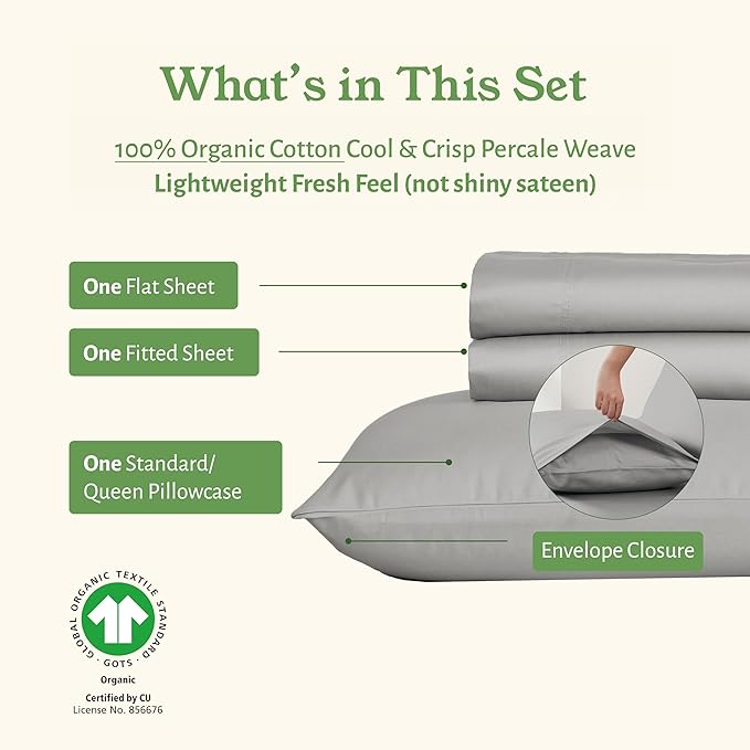 California Design Den Twin Sheet Set - Soft 100% Organic Cotton Bed Sheets with Deep Pockets, Crisp Percale, Breathable and Durable Bedding Set - Light Grey