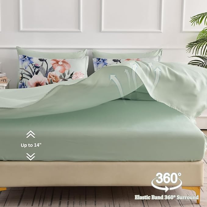 Luxudecor Floral Comforter Set King Size 7 Piece, Green Flower Bed in a Bag, Elegant Comforter Bedding Set for All Season (Green, 104"x90")