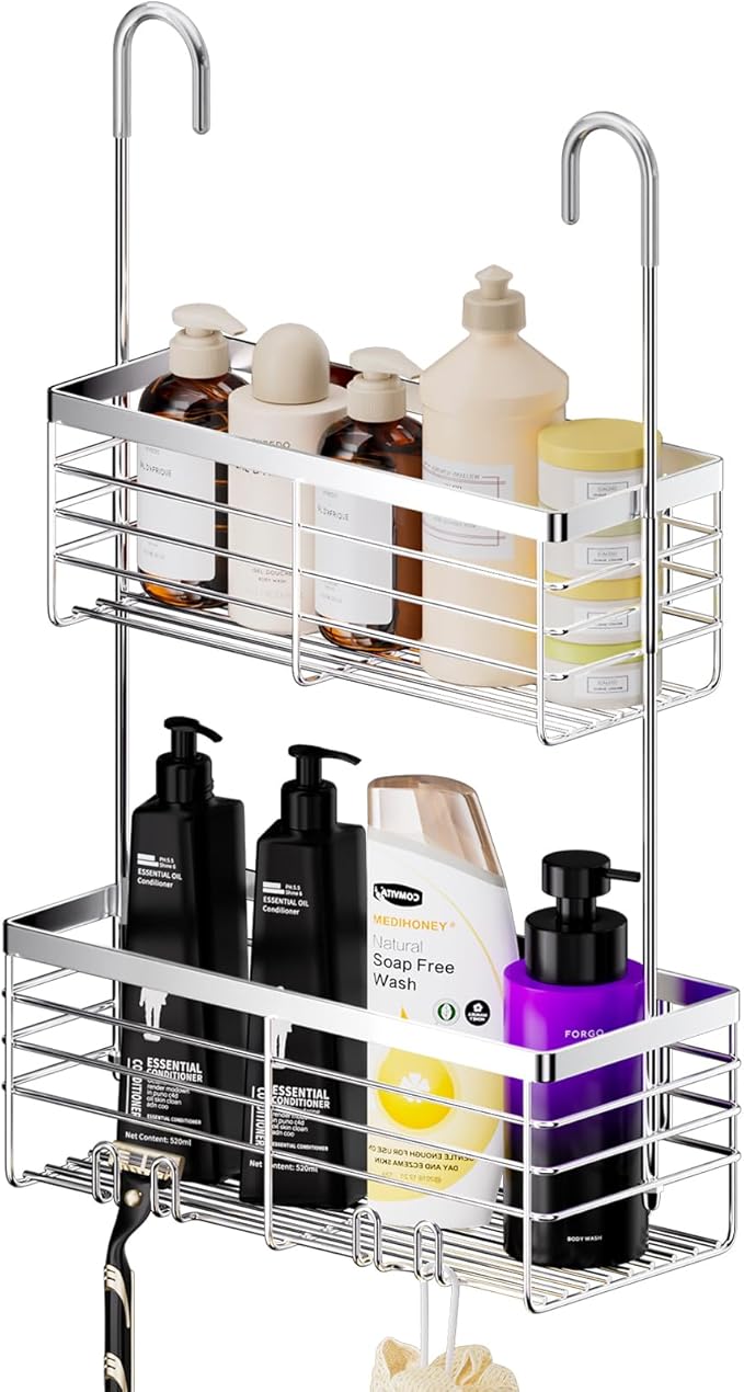 SHANSHUI Shower Hanging Caddy, Double Bathroom Showers Organizer Basket, Shampoo Bracket, Over Door Shower Rack with Hooks, 304 Stainless Steel Rustproof by SHANSHUI