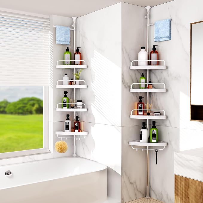 HAMITOR Corner Shower Caddy Tension Pole: Adjustable Stainless Steel Shower Organizer with 4 Tier Shelf for Bathroom Bathtub Tub Shampoo - Floor Standing Rack Bath Storage Holder with Rust Proof Rods - Image 7