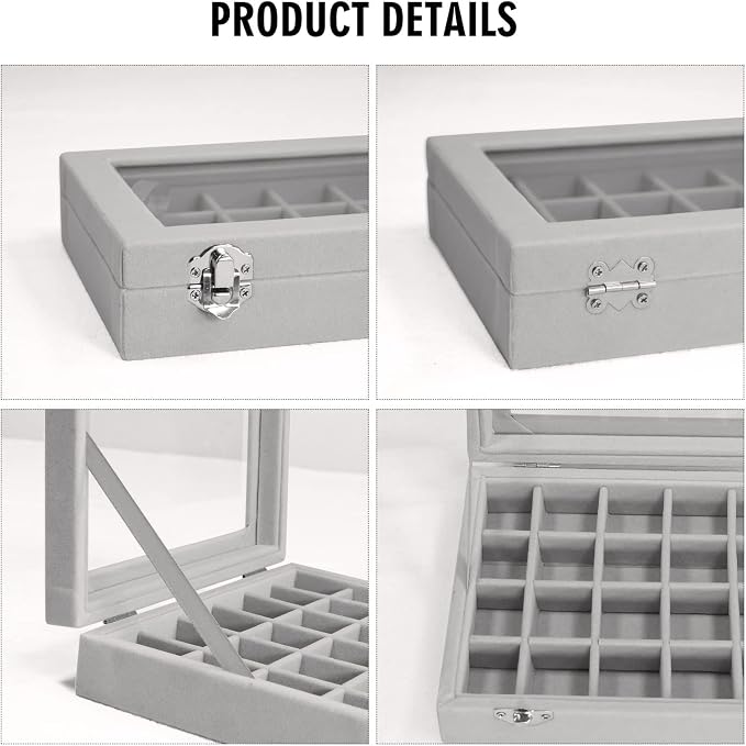Vicoter Velvet Jewelry Box 24 Grid Jewelry Ring Display Organiser Box Tray Holder Earrings Storage Case for Girls Wife Mom Women (Gray) - Image 4