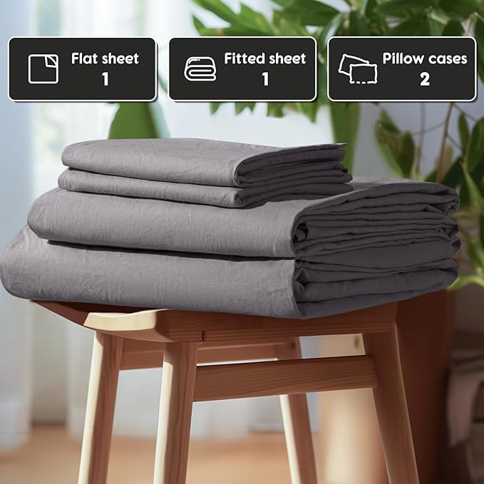 SONORO KATE 100% French Pure Linen Sheets, Extra Deep Pocket up to 18"-24", Breathable and Durable Linen Sheets, Anti-Tear Linen Bed Sheets, Machine Washable - 4 Piece (Dark Grey, King(24" deep))