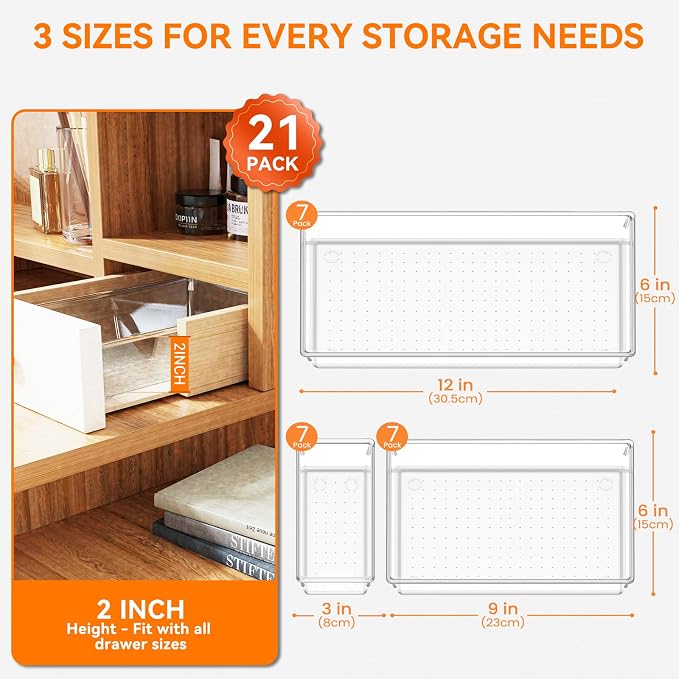 Criusia 21 Pack Large Clear Plastic Drawer Organizer Trays | BPA-Free Acrylic Organizer Bins for Large Kitchen Utensils, Bathroom, Makeup, Jewelries, Office Desk, School Supplies, Perfume - Image 2