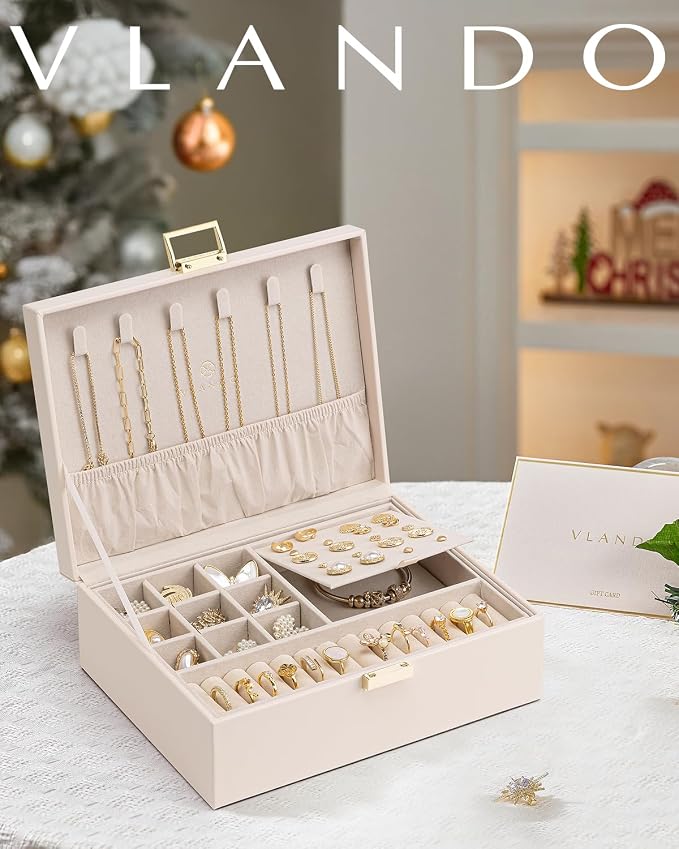 VLANDO 2 Layer Jewelry Box Large Jewelry Organizer for Women Removable Jewelery Tray for Necklace Earrings Rings Bracelets Mothers Gifts for Mom Wife (Light Pink) - Image 3