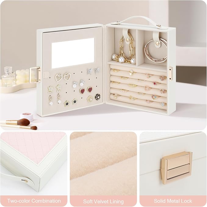 DesignSter Travel Jewelry Case for Woman, Portable Jewelry Travel Box with Mirror, PU Leather Small Jewelry Organizer with Handle for Rings Earrings Bracelets Necklaces(Beige & Pink) - Image 4