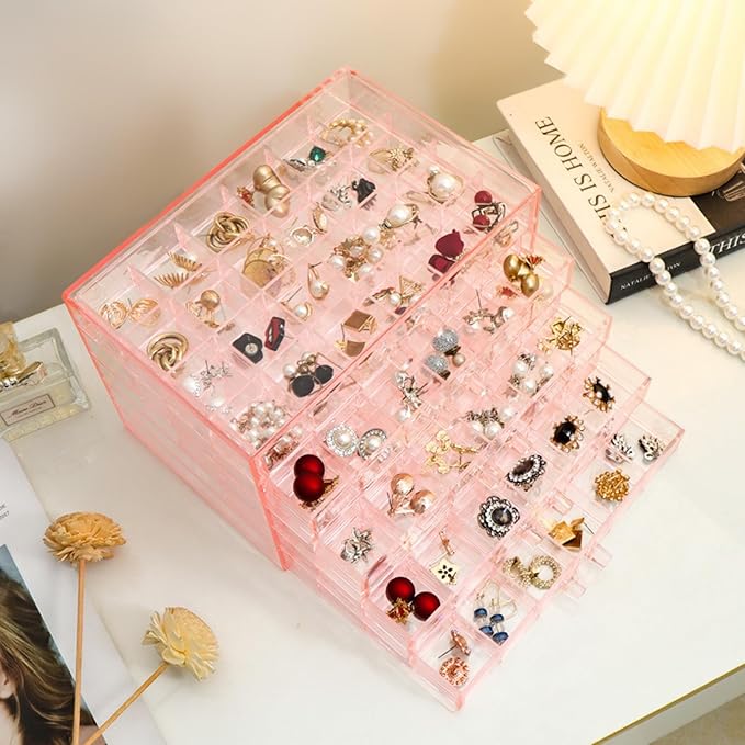 Feadily Acrylic Jewelry Organizer Box, Jewelry Drawer Organizer With 5 Drawers 120 Grids, Pink - Image 3