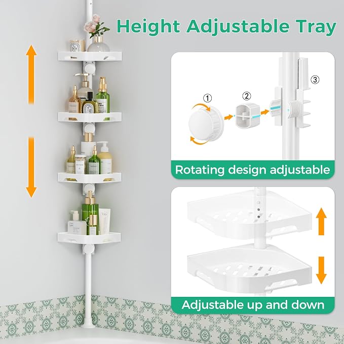 shuang qing 4-Tier Corner Shower Caddy Tension Pole Organizer - Adjustable Rustproof Metal Tension Pole, Plastic Shelves with Safety Guardrail, Bathroom Storage for Shower & Bathtub(White) - Image 3