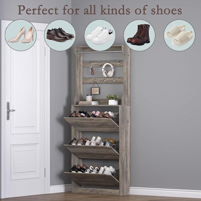 BORNOON Shoe Cabinet with 3 Flip Drawers & Coat Rack, Narrow Hidden Shoe Storage Cabinet, 2-in-1 Hall Tree Slim Freestanding Shoe Rack Organizer for Entryway, Hallway, and Living Room - Image 4