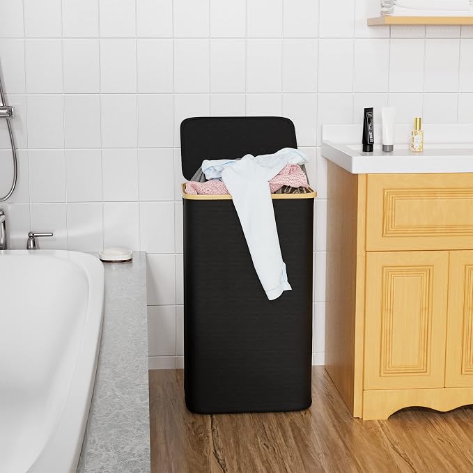 SUOCO Laundry Basket with Lid, 29 Gal (110L) Clothes Hamper with Bamboo Handles, Large Foldable Laundry Hamper for Bedroom, Bathroom, Dorm, Laundry Room - Black - Image 3