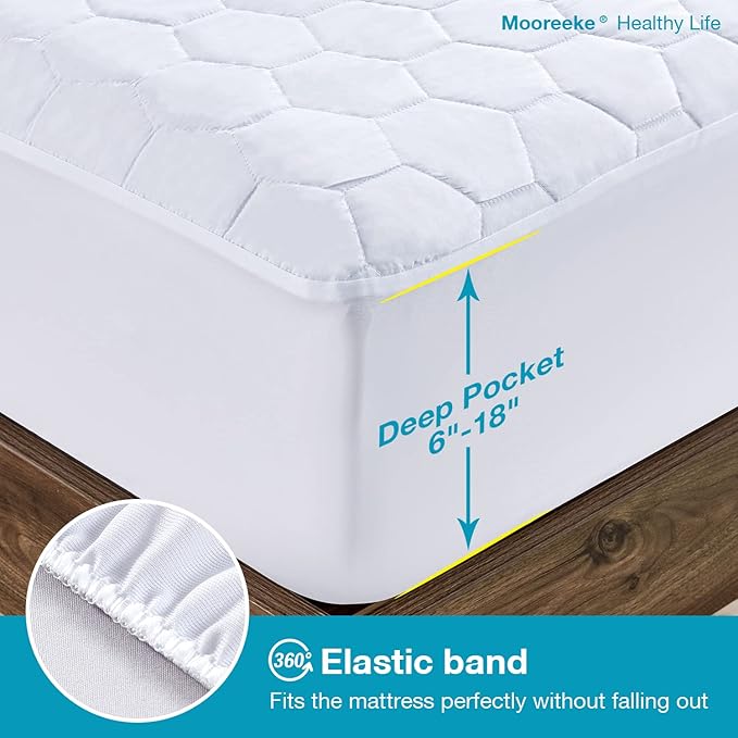 Mooreeke Waterproof Mattress Protector Full Size, Soft & Breathable Quilted Mattress Pad Mattress Cover, 18” Deep Pocket Fitted Mattress Topper Noiseless