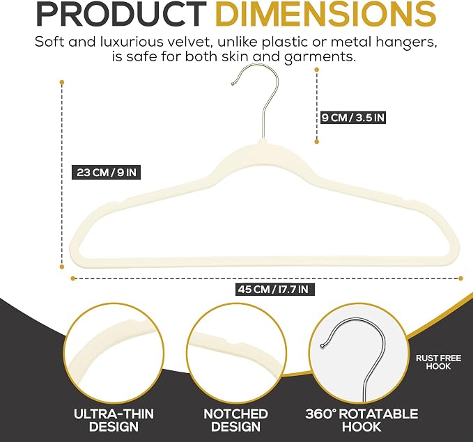 Techzoo 50 Pack New Premium Quality Velvet Hangers Ultra Thin Non Slip Adult Felt Space Saving Hangers for Closet Heavy Duty Coat Pants Jackets Dress Hangers 360° Swivel Hook Hold Upto 10 lbs Ivory - Image 2