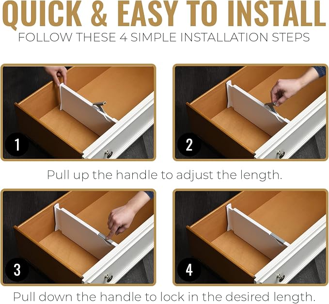 RAPTUROUS Adjustable Deep Drawer Divider – 6" Tall, Expandable 13-22", 4-Pack, Non-Slip Drawer Dividers for Clothes, Dresser, Kitchen & Office Organization (White) - Image 4