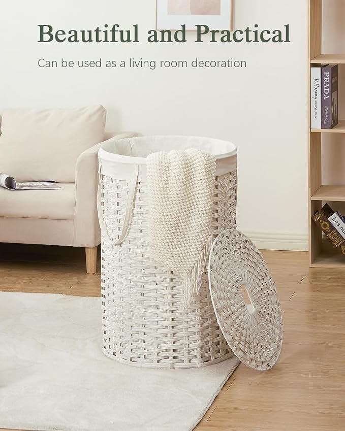 SETVSON Large Laundry Hamper Laundry Basket Round 34.3 Gal (130 L) Handwoven Wicker Laundry Baskets Rattan Laundry Basket with Laundry Bag Handles 2 Mesh Bags for Living Room Bedroom White - Image 7