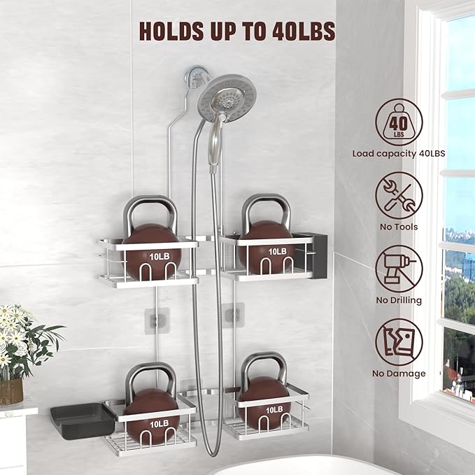 REINHARDT Adjustable Shower Caddy Hanging Rustproof Shower Caddy for Handheld Showerheads, Shower Organizer with Hooks Soap Holder, Anti-Swing Shower Rack Bathroom Accessories, Silver - Image 3