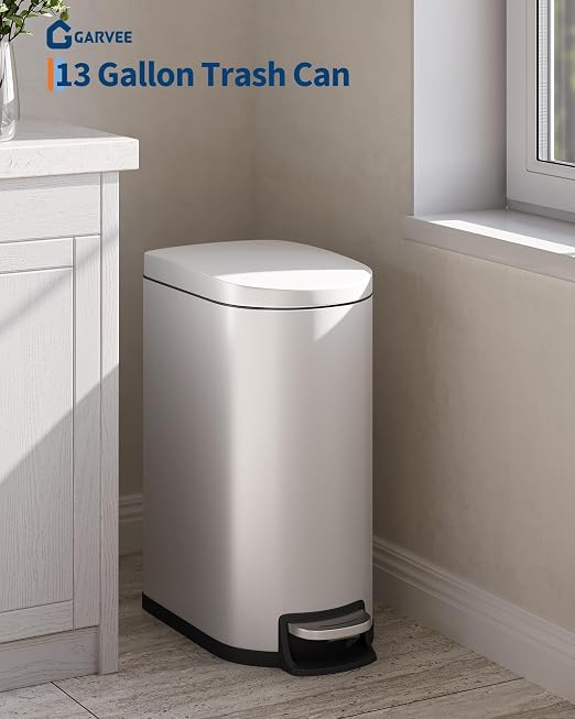 Garvee 13 gal / 50 L Metal Kitchen Trash Can with Lid, Slim Rustproof Garbage Can, Large Step-on Trash Bin with Inner Bucket, Rear Handle, Soft Close Lid, White - Image 2