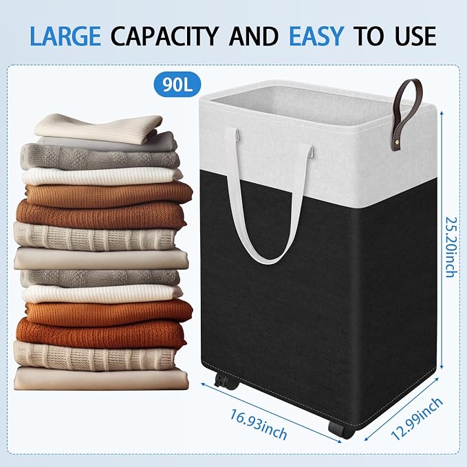HomeHacks Laundry Basket with Wheels, Rolling Laundry Hamper, Collapsible & Waterproof Clothes Hamper, Narrow Corner Bins with Extended Handles for in the Family & Dorm 90L, Black - Image 2