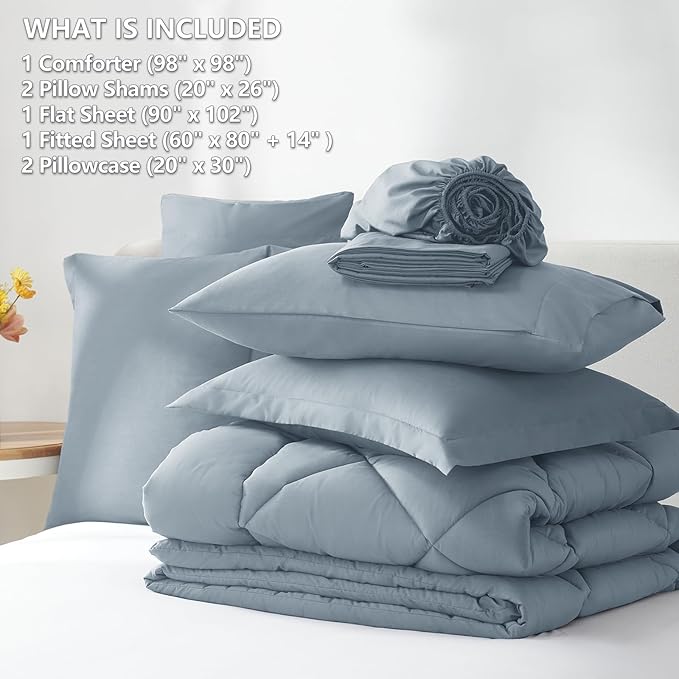 CozyLux Oversized Queen Comforter Set Dusty Blue, 7 Pieces Bed in a Bag Comforter Set with Sheets Luxury Bed Set All Seasons, Bedding Set with Down Alternative Comforter, Sheets, Pillowcases & Shams