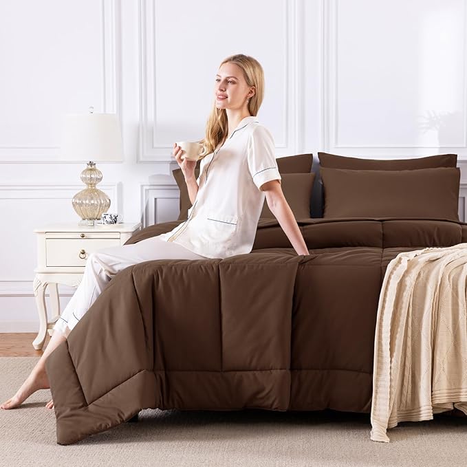 CozyLux Queen Comforter Set Brown, 7 Pieces Bed in a Bag, Brown Comforters Queen Size, All Season Bedding Sets with Stitch Quilted Comforter, Flat Sheet, Fitted Sheet, Pillowcases