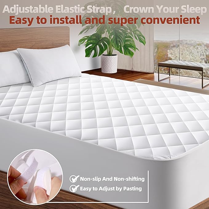 Queen Mattress Pad, Deep Pocket Quilted Premium Mattress Protector, Anti-Shift Design, Extra Elastic Strap, Soft Breathable & Noiseless Mattress Cover, Fit up to 22" (60x80 Inches, White)