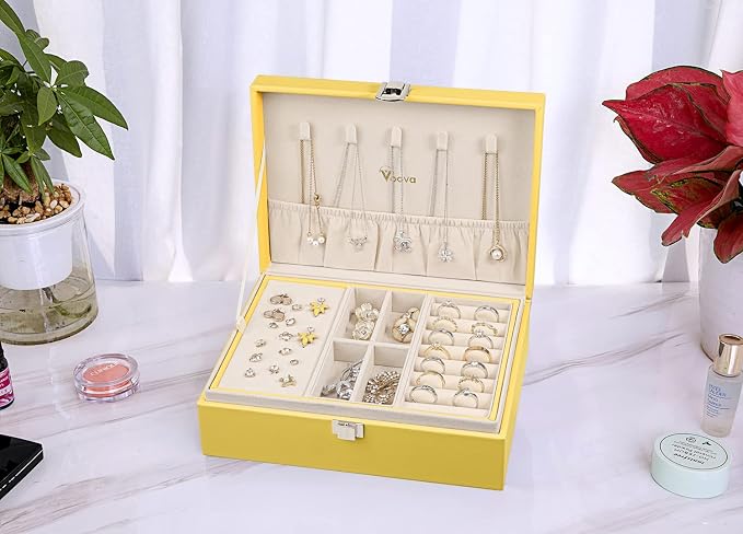 Voova Jewelry Box Organizer for Women Girls, 2 Layer Large Men Jewelry Storage Case, PU Leather Display Jewellery Holder with Removable Tray for Necklace Earrings Rings Bracelets, Vintage Gift, Yellow - Image 4