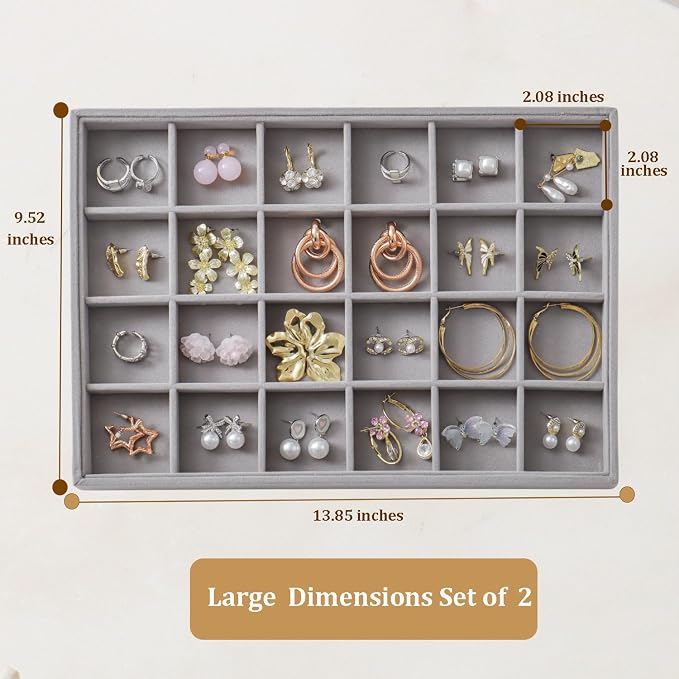 Large Velvet Jewelry Tray 2 Pack Stackable Jewelry Display Drawer Inserts Trays Organizer for Earring Bracelet Necklace Ring (Gray, 24 Grids) - Image 3