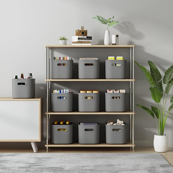 ORGIDOL 8 Pack Dark Grey Storage Bins with Lids Stackable Storage Container for Organizing, Storage Boxes with Handle for Shelves, Cute Organizer Bins for Craft, Snacks, 9.85x6.9x5.7 inch - Image 4