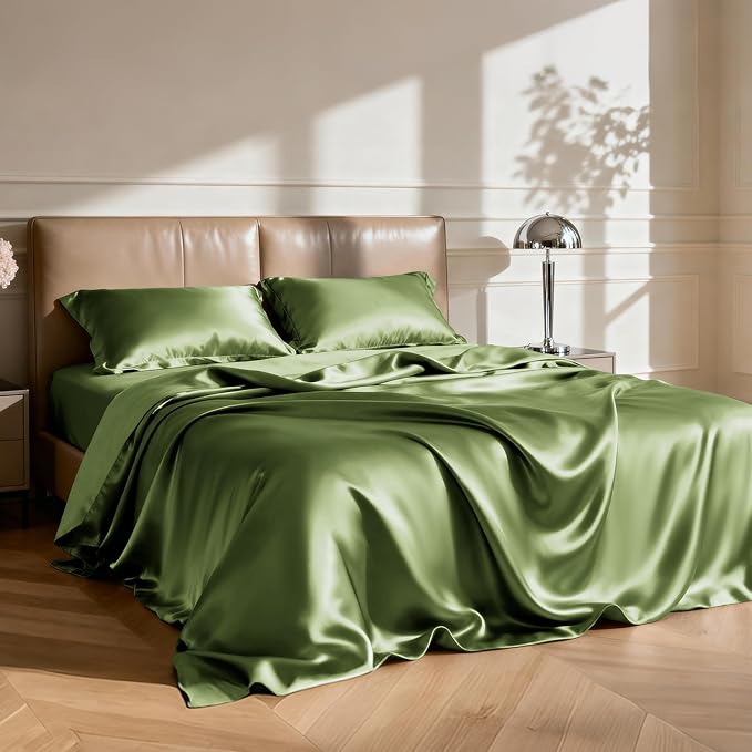 Love's cabin California King Satin Sheet Sets - 4 Piece Sage Silky Sheets Bed Set with Deep Pocket, Luxury Silk Feel Satin Cal King Sheet Set (1 Flat Sheet,1 Fitted Sheet,2 Pillow Cases)